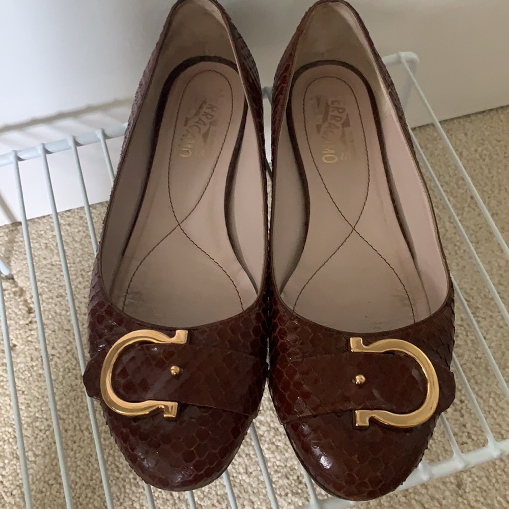 Ferragamo horsebit flats brown snakeskin